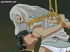 Busty Hentai Nun Gets Tied Up, Gagged And Sucks For A Facial