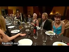 Shackled blonde ass fingered and catle proded at dinner party